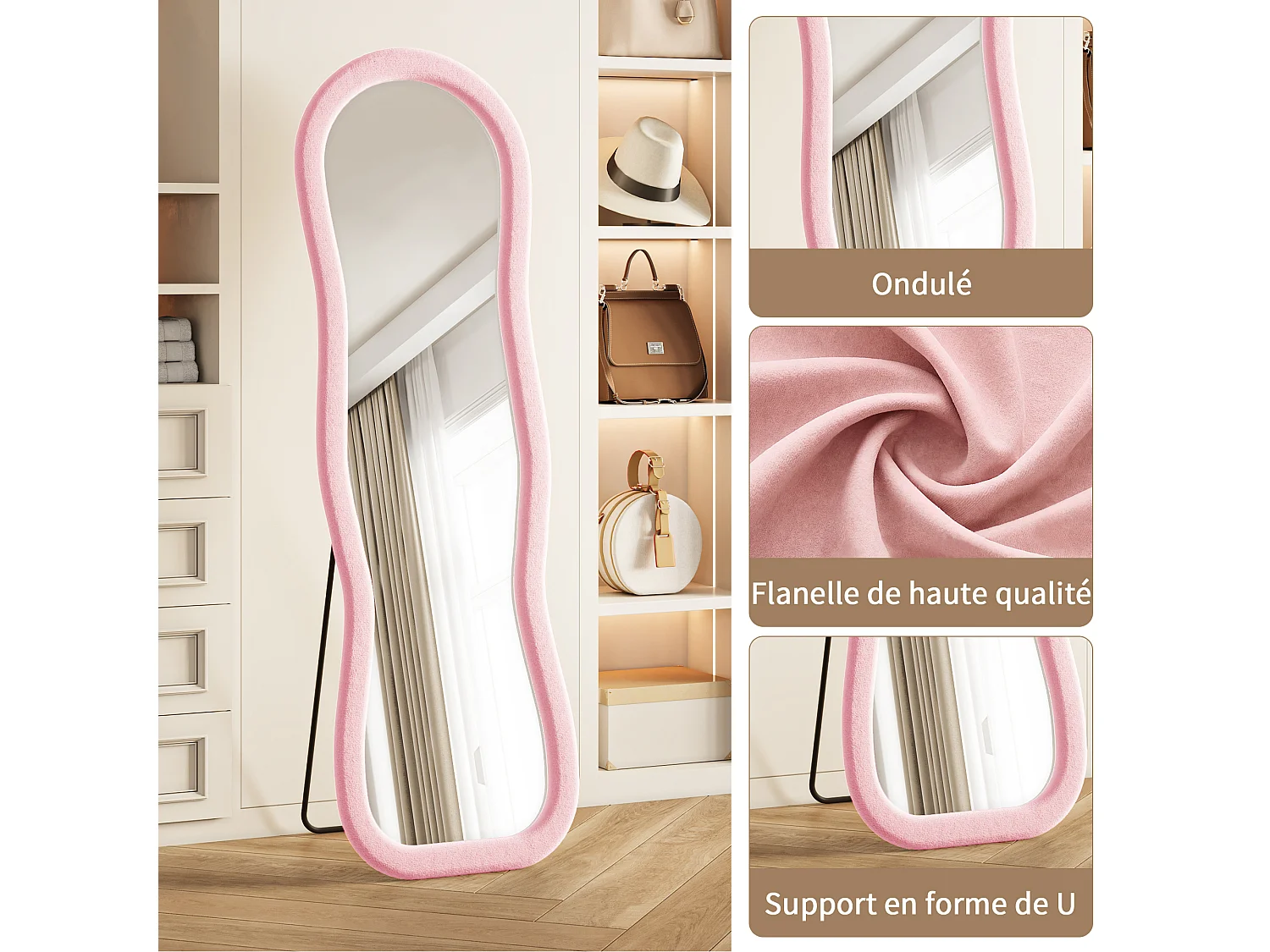 Miroir sur Pied Chambre 160x50cm Rose - Miroir sur pied Ondulé Haute Définition -Support en U stable - Verre Trempé Antidéflagrant