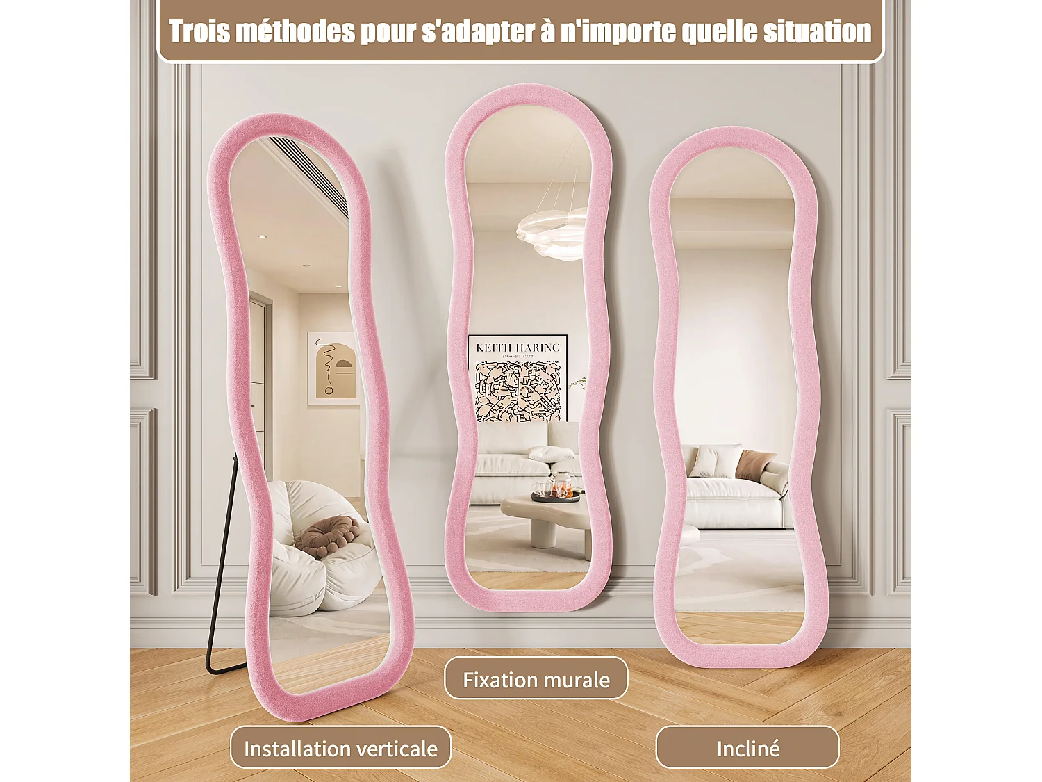 Miroir sur Pied Chambre 160x50cm Rose - Miroir sur pied Ondulé Haute Définition -Support en U stable - Verre Trempé Antidéflagrant