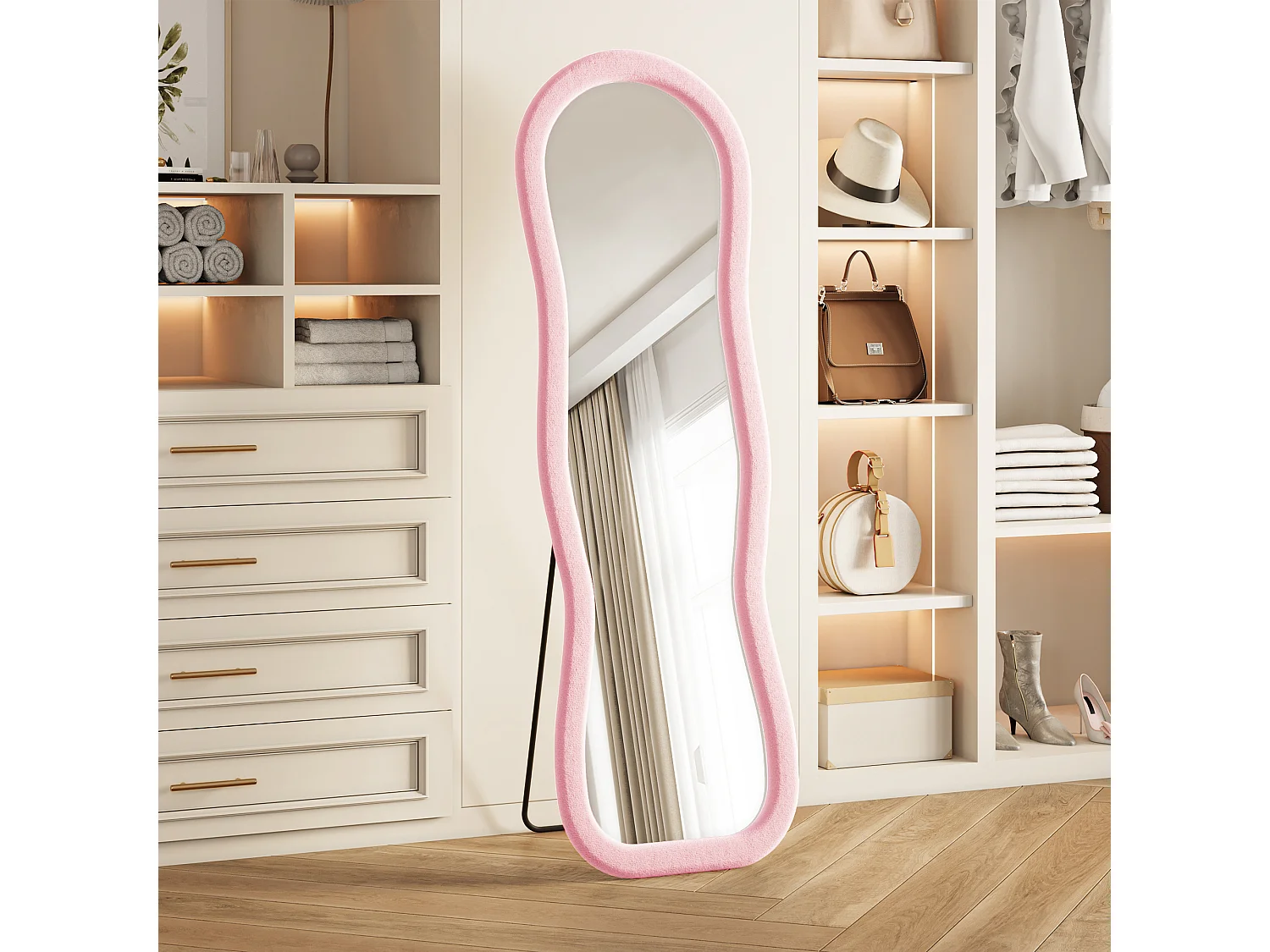 Miroir sur Pied Chambre 160x50cm Rose - Miroir sur pied Ondulé Haute Définition -Support en U stable - Verre Trempé Antidéflagrant