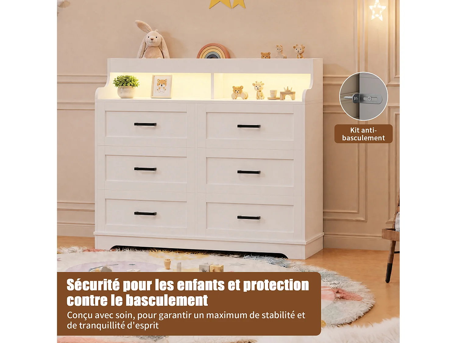 Cassettiera per camera da letto per adulti con 6 cassetti e illuminazione a LED - 2 prese di corrente e 2 porte USB - 3 vani a giorno - Bianca - 110 x 99 x 40 cm