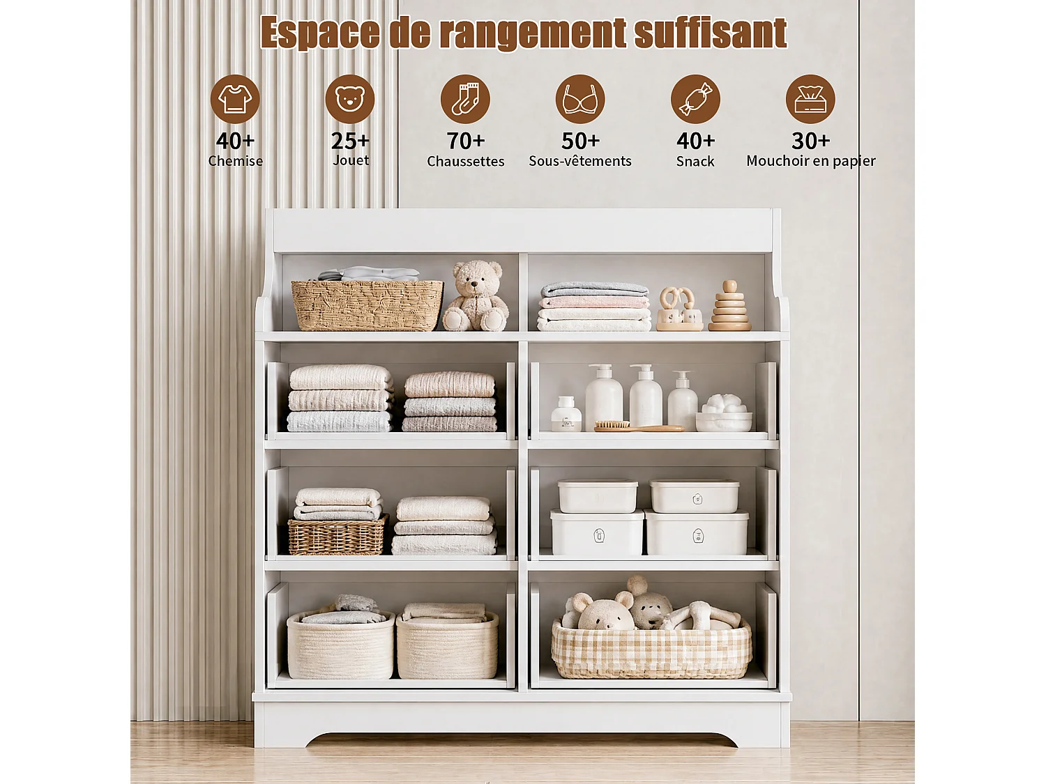 Cassettiera per camera da letto per adulti con 6 cassetti e illuminazione a LED - 2 prese di corrente e 2 porte USB - 3 vani a giorno - Bianca - 110 x 99 x 40 cm