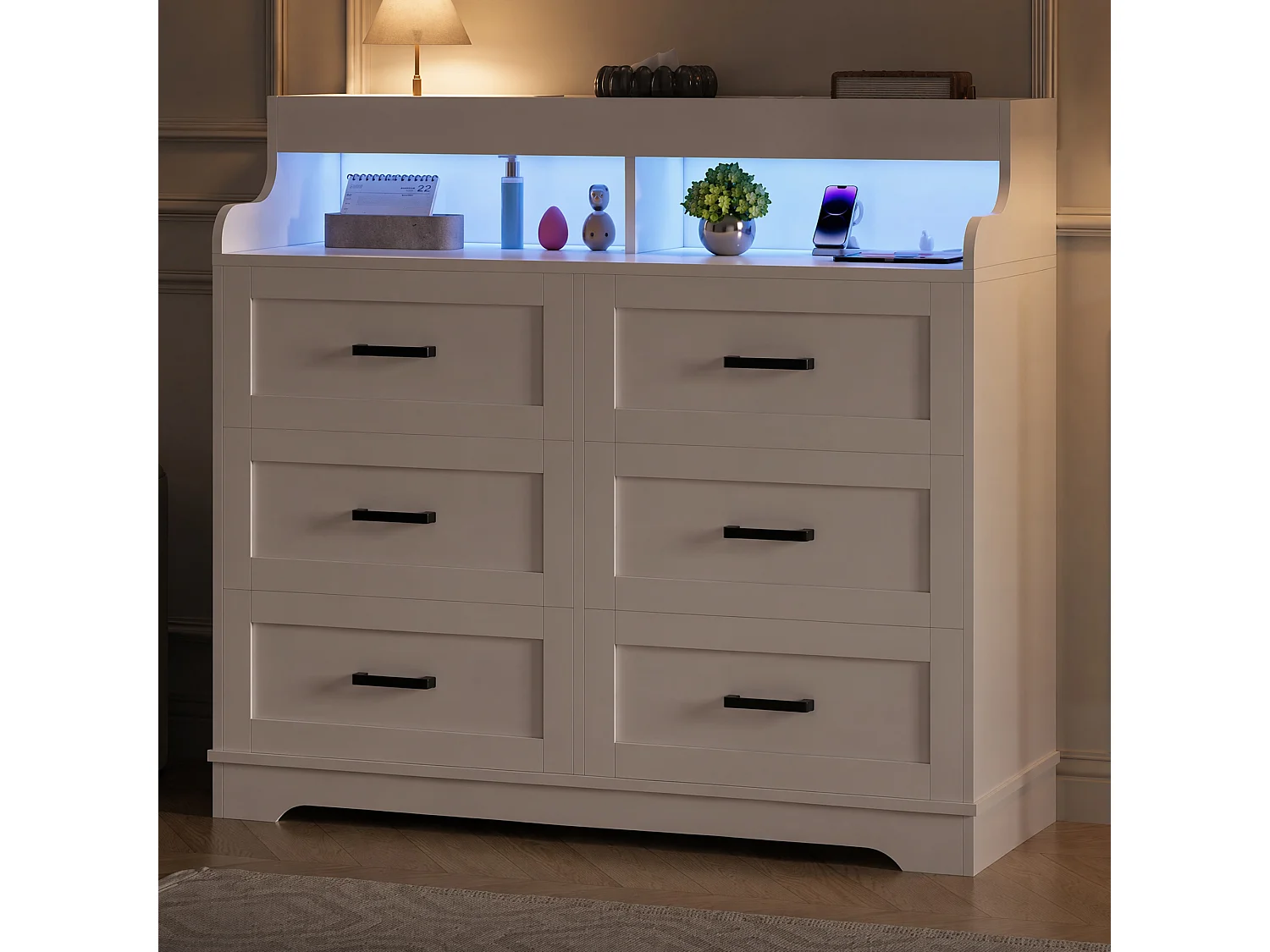 Cassettiera per camera da letto per adulti con 6 cassetti e illuminazione a LED - 2 prese di corrente e 2 porte USB - 3 vani a giorno - Bianca - 110 x 99 x 40 cm