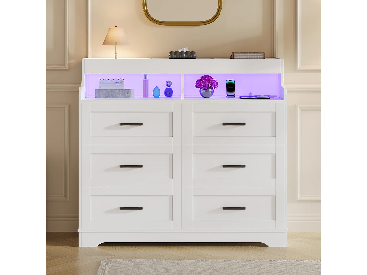Cassettiera per camera da letto per adulti con 6 cassetti e illuminazione a LED - 2 prese di corrente e 2 porte USB - 3 vani a giorno - Bianca - 110 x 99 x 40 cm