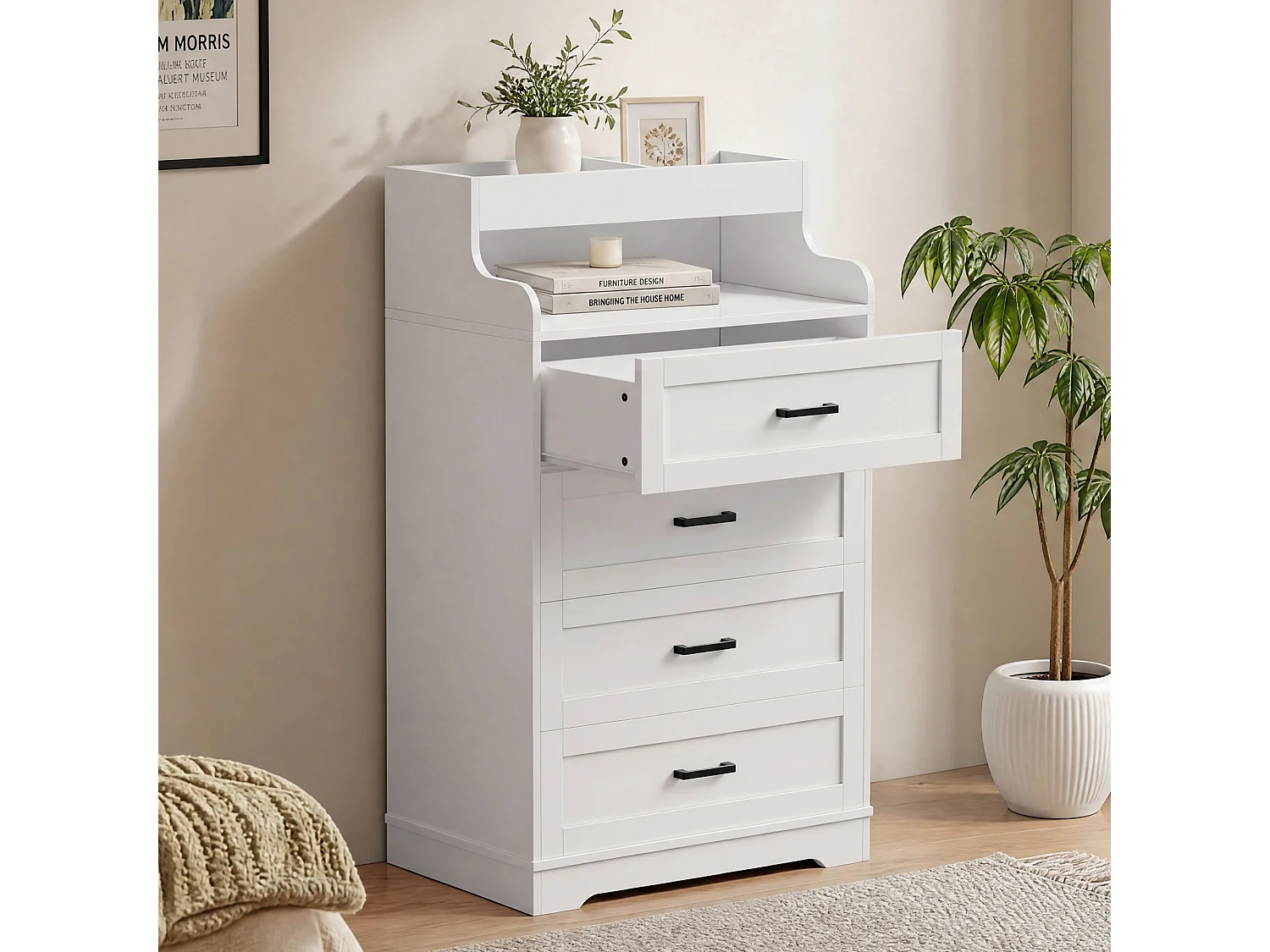 Commode voor volwassenen met 4 lades en ledverlichting - Kantelbeveiliging - 2 open vakken - Wit - 73 x 114 x 39,5 cm