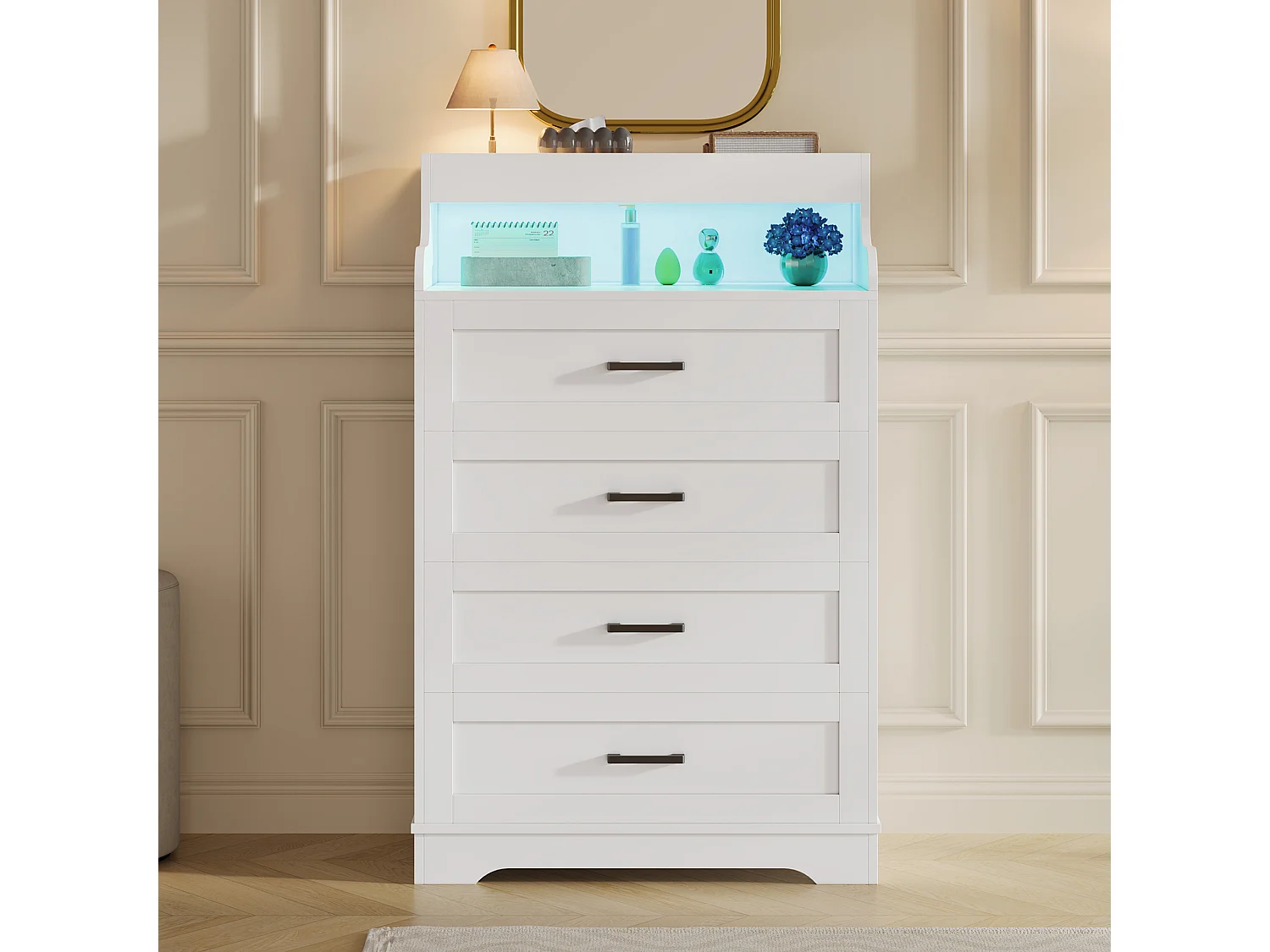 Commode voor volwassenen met 4 lades en ledverlichting - Kantelbeveiliging - 2 open vakken - Wit - 73 x 114 x 39,5 cm