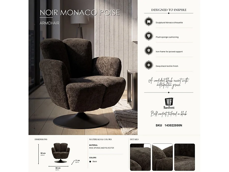 Zwarte draaibare fauteuil in retrostijl, 86x77x92 cm