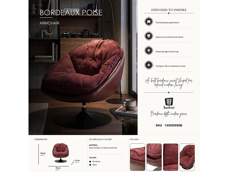 Fauteuil Pivotant Capitonné "Conca" 84cm Bordeaux