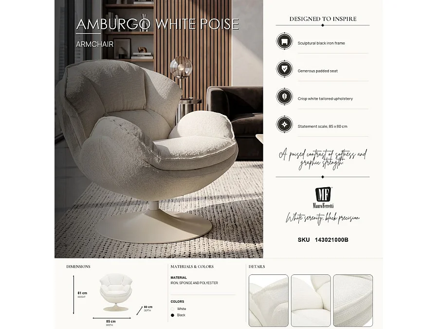Witte draaibare fauteuil in retrostijl, 85x80x81 cm