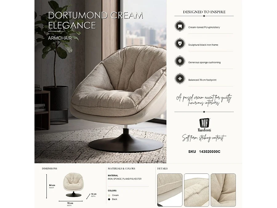 Crèmekleurige draaibare fauteuil in retrostijl, 78x78x84 cm