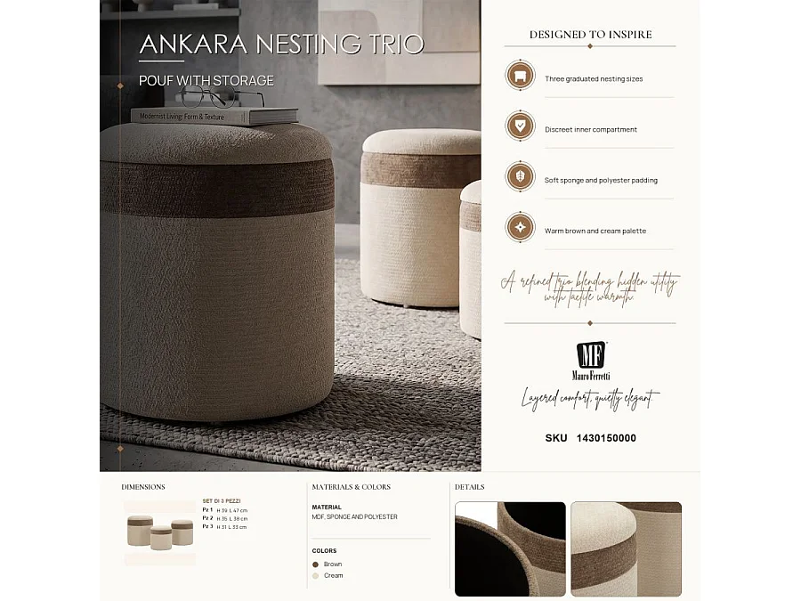 Set van 3 opbergpoefs in Scandinavische stijl, afmetingen ø 39x47-35x38-31x33 cm
