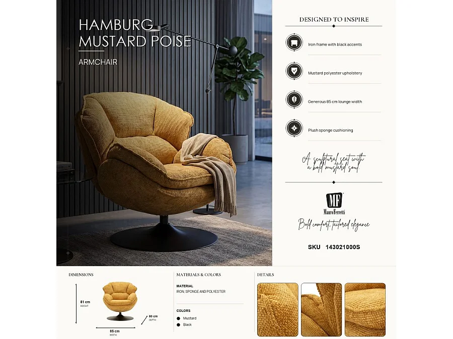 Mosterdkleurige draaibare fauteuil in retrostijl, 85x80x81 cm
