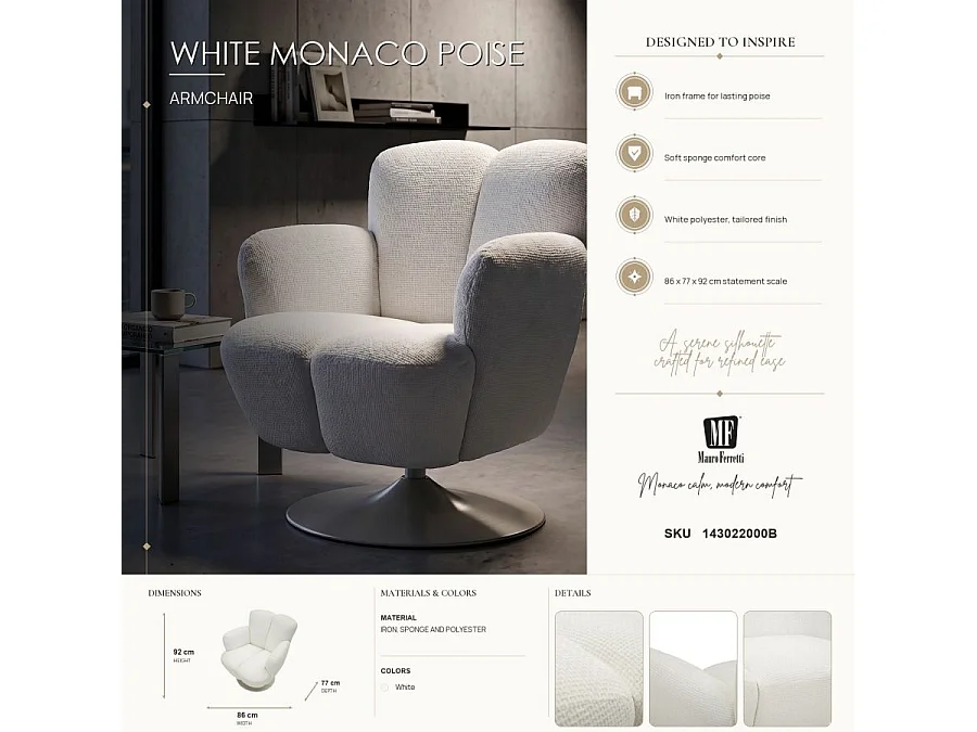Witte draaibare fauteuil in retrostijl, 86x77x92 cm