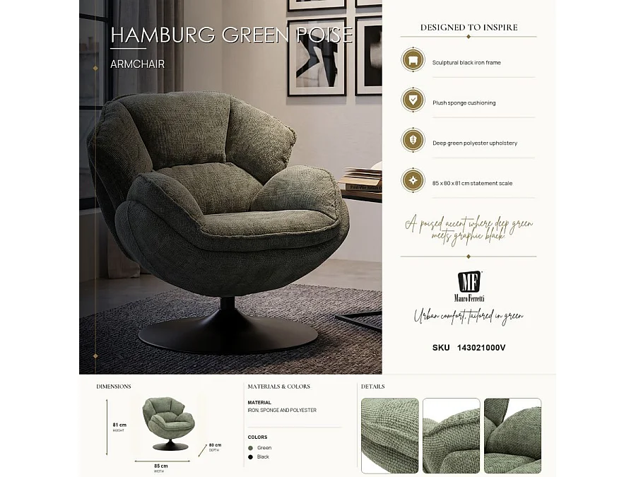 Groene draaibare fauteuil in retrostijl 85x80x81 cm
