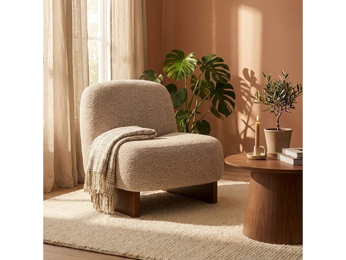 Fauteuil Japandi en tissu bouclette pour salon Kyoto Poise