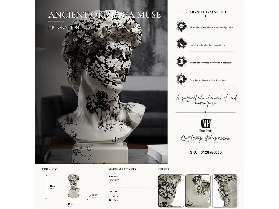 Tête Antique Déco "Mei" 30cm Blanc & Noir