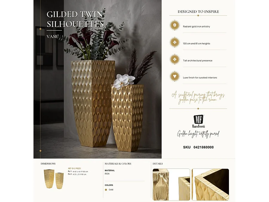 Lot de 2 Cache-Pots Design "Scaglia" 100cm Or