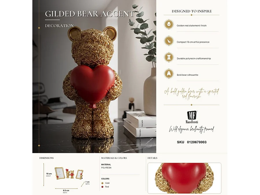 Statuette Ourson Cœur "Teddy" 16cm Or & Rouge