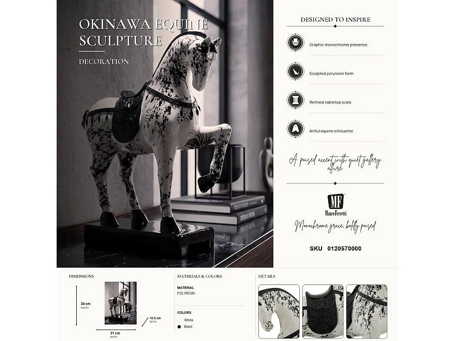 Statuette Cheval sur Socle "Mei" 34cm Blanc & Noir
