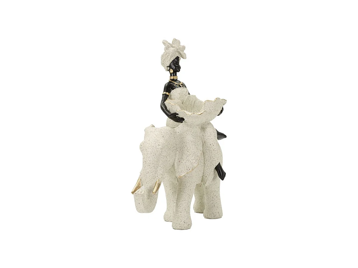 Escultura étnica: Mujer africana sobre elefante, 50x16x34 cm.