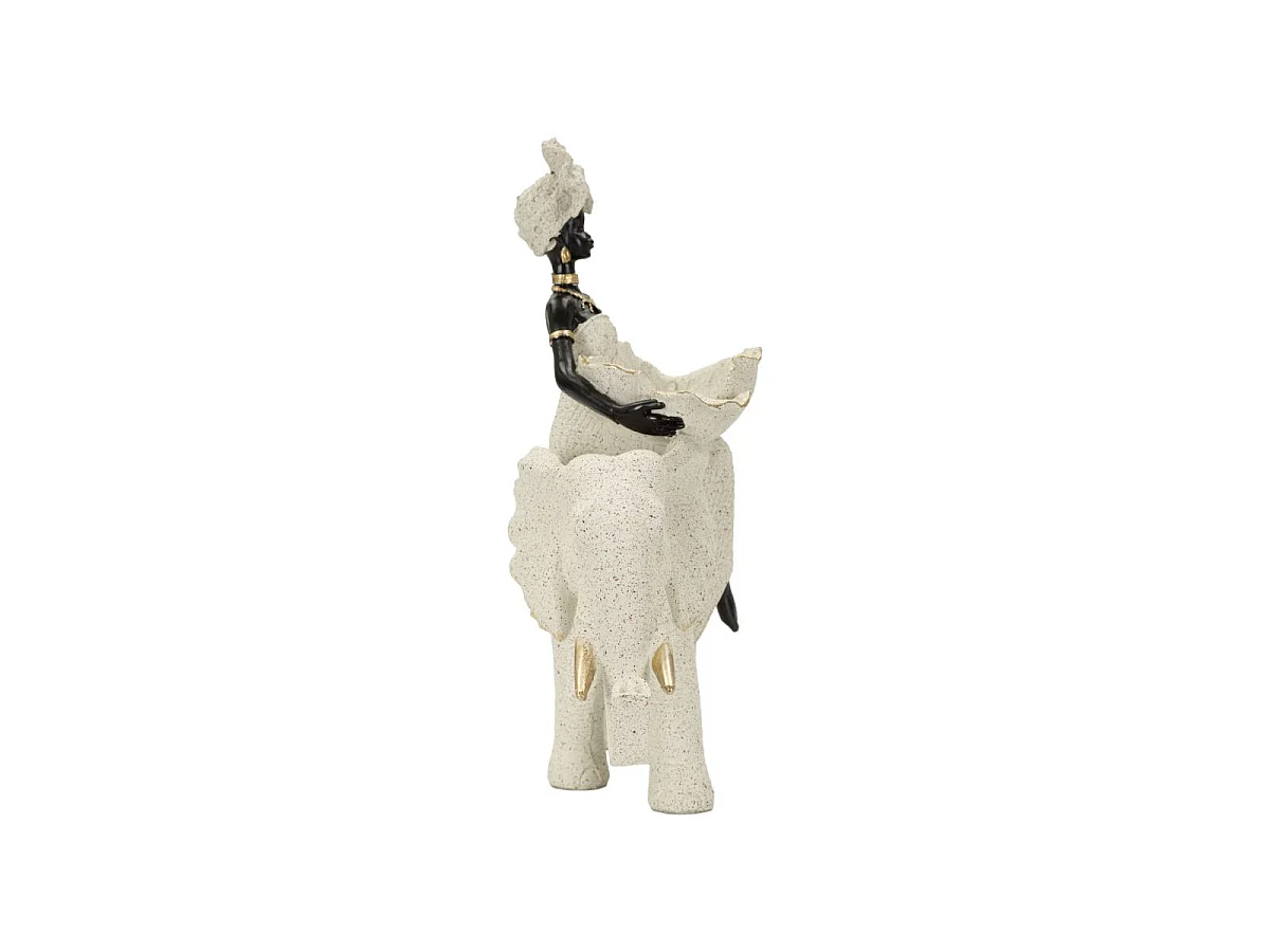 Escultura étnica: Mujer africana sobre elefante, 50x16x34 cm.