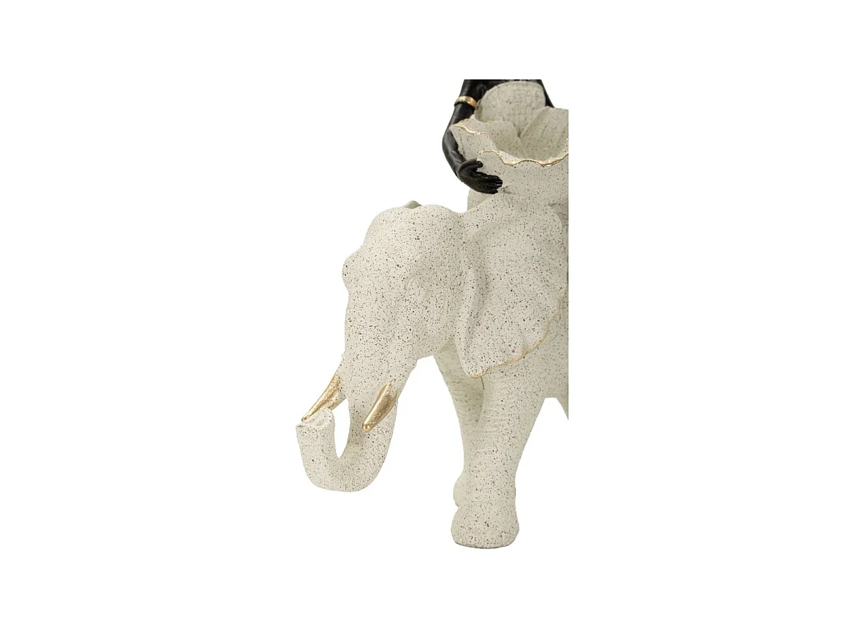 Escultura étnica: Mujer africana sobre elefante, 50x16x34 cm.