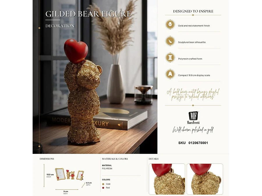 Statuette Ourson Ballon Cœur "Teddy" 18cm Or