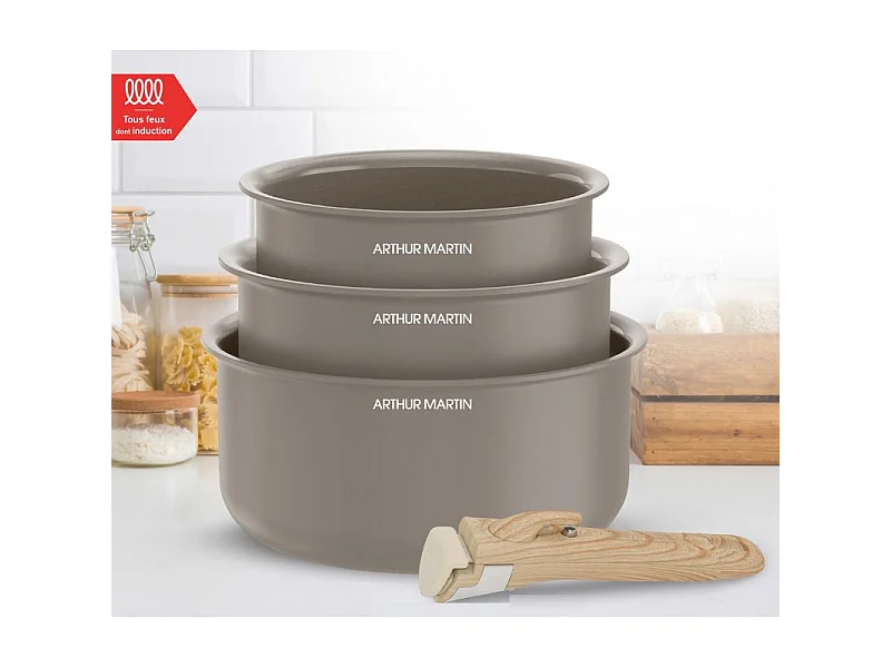 Set de 3 casseroles 16-18-20 cm poignée amovible Taupe Arthur Martin AM1122
