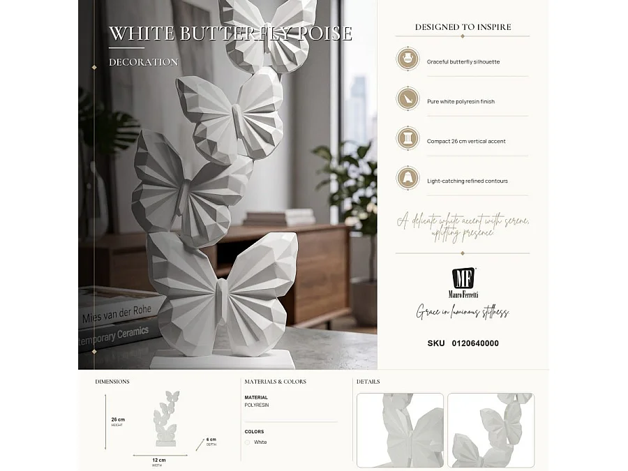 Statuette Papillons sur Socle "Farfalla" 26cm Blanc