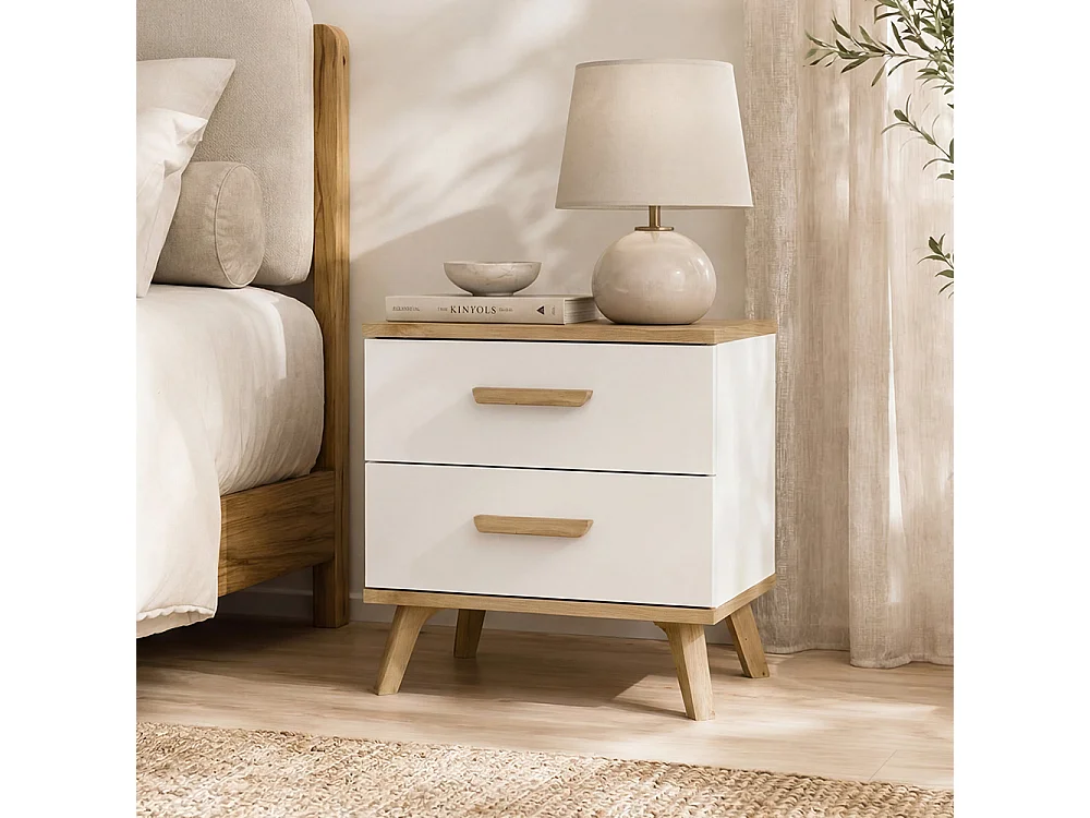 Comodino moderno 45x47 cm con 2 cassetti bianco e rovere COT9
