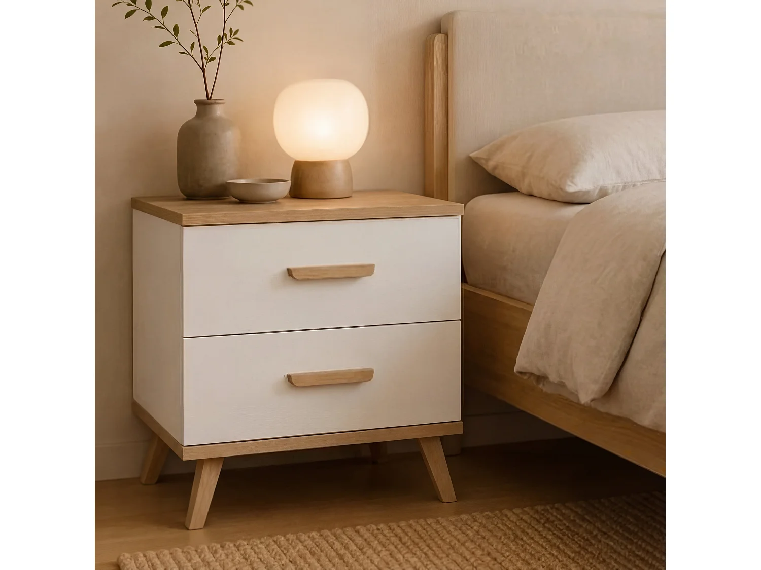 Comodino moderno 45x47 cm con 2 cassetti bianco e rovere COT9