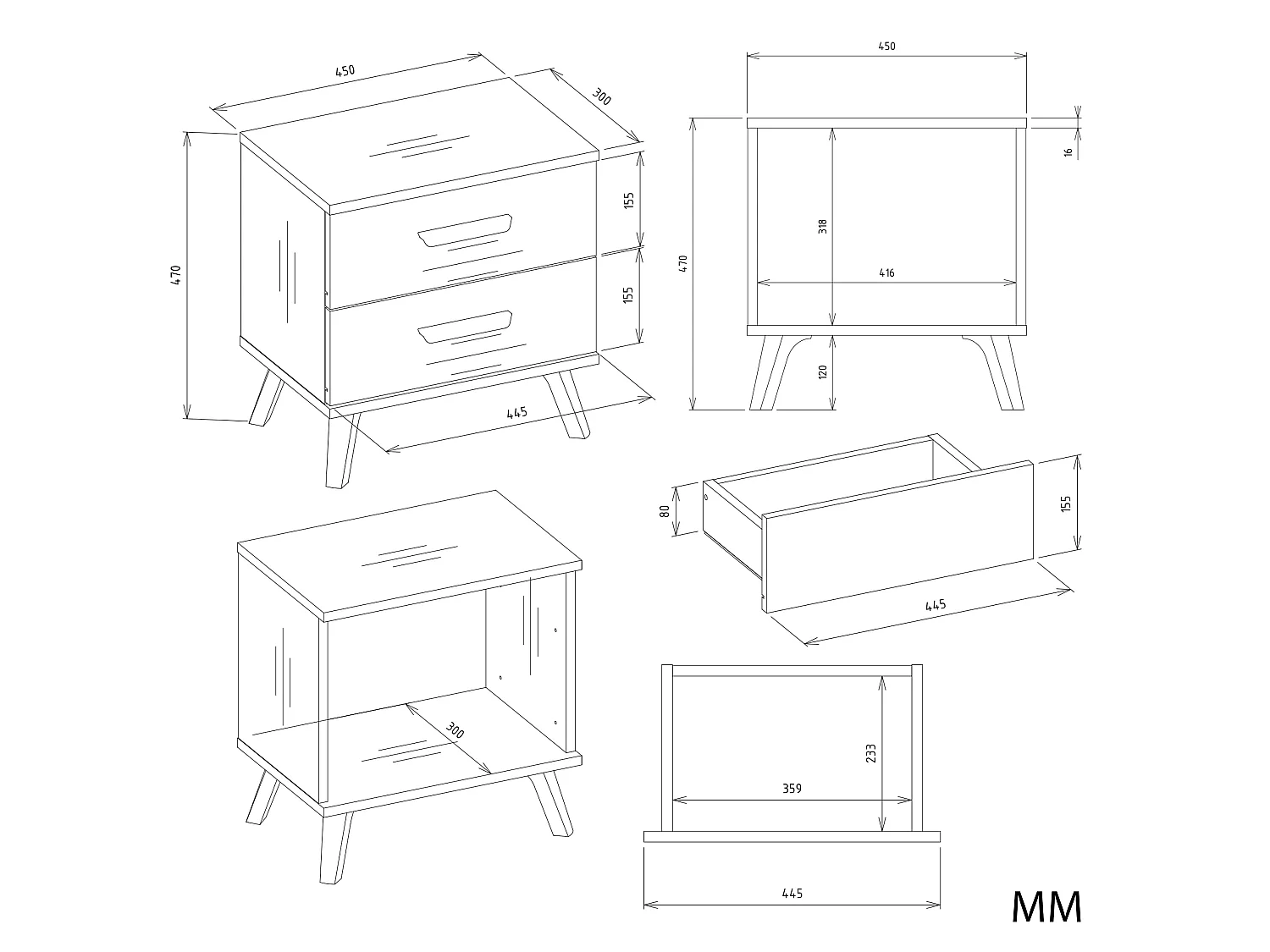 Comodino moderno 45x47 cm con 2 cassetti bianco e rovere COT9