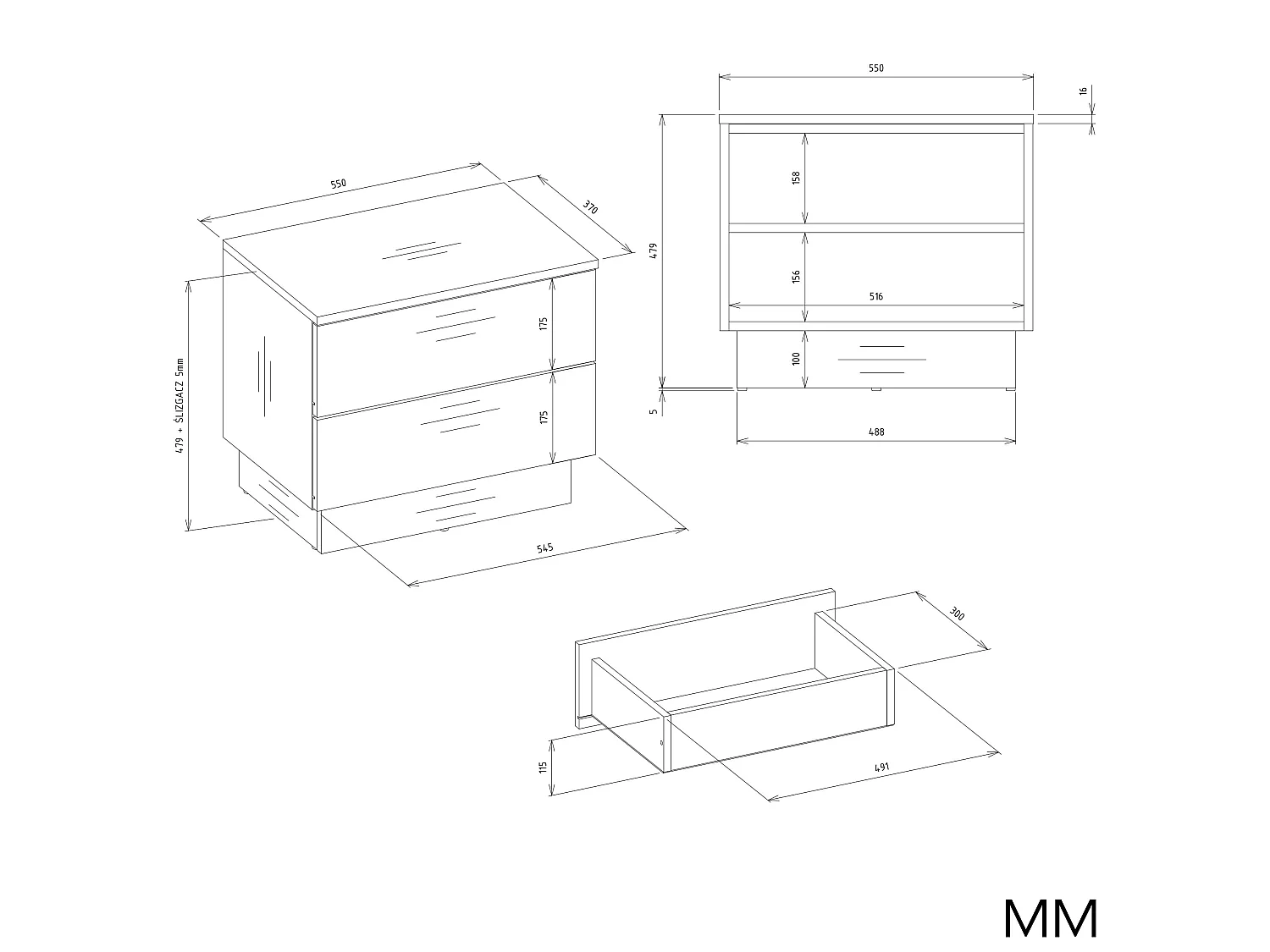 Comodino moderno 55x48 cm con 2 cassetti bianco COT2