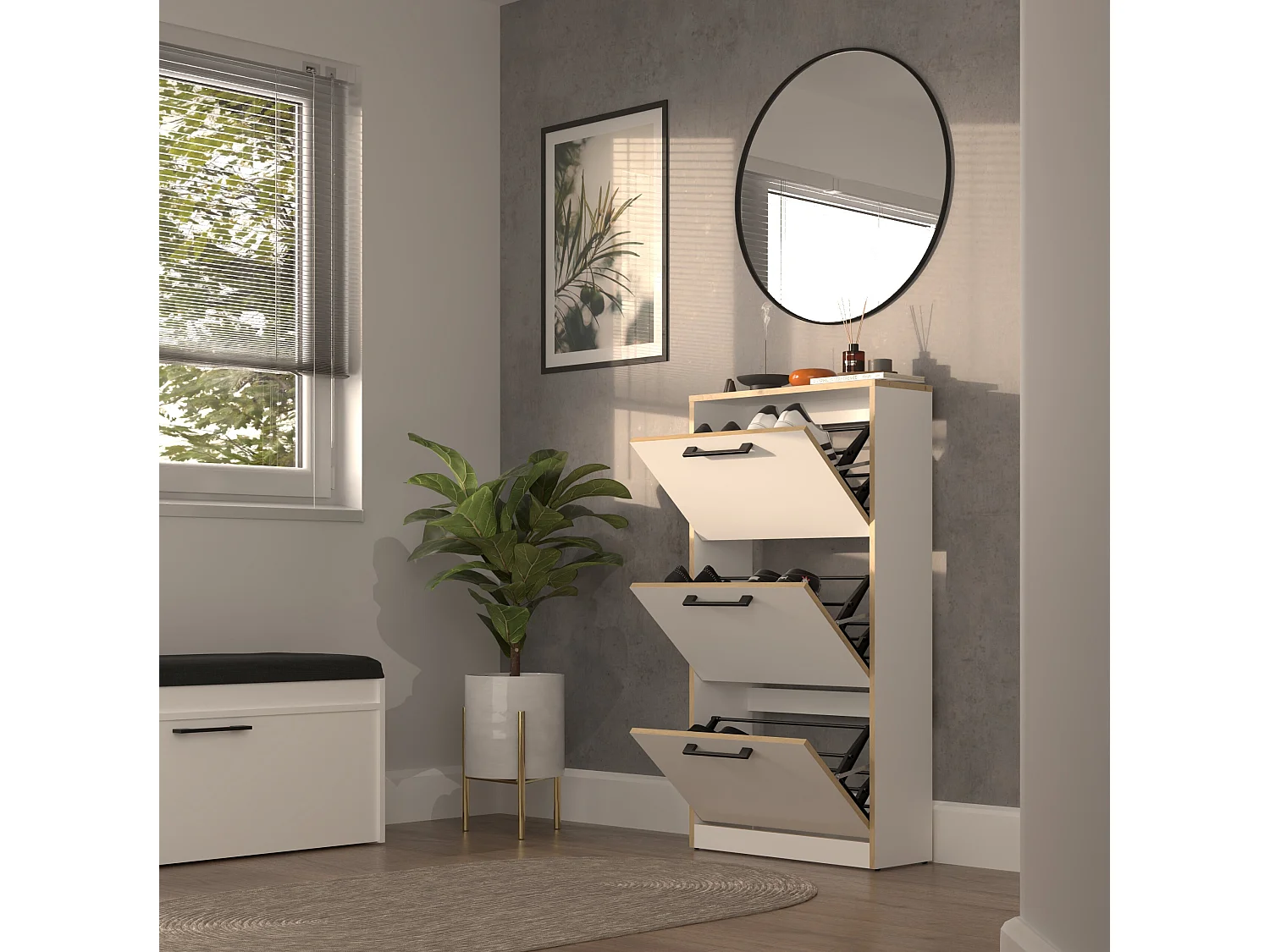Scarpiera ingresso moderna 60x116x28 cm bianco e rovere SCAT3