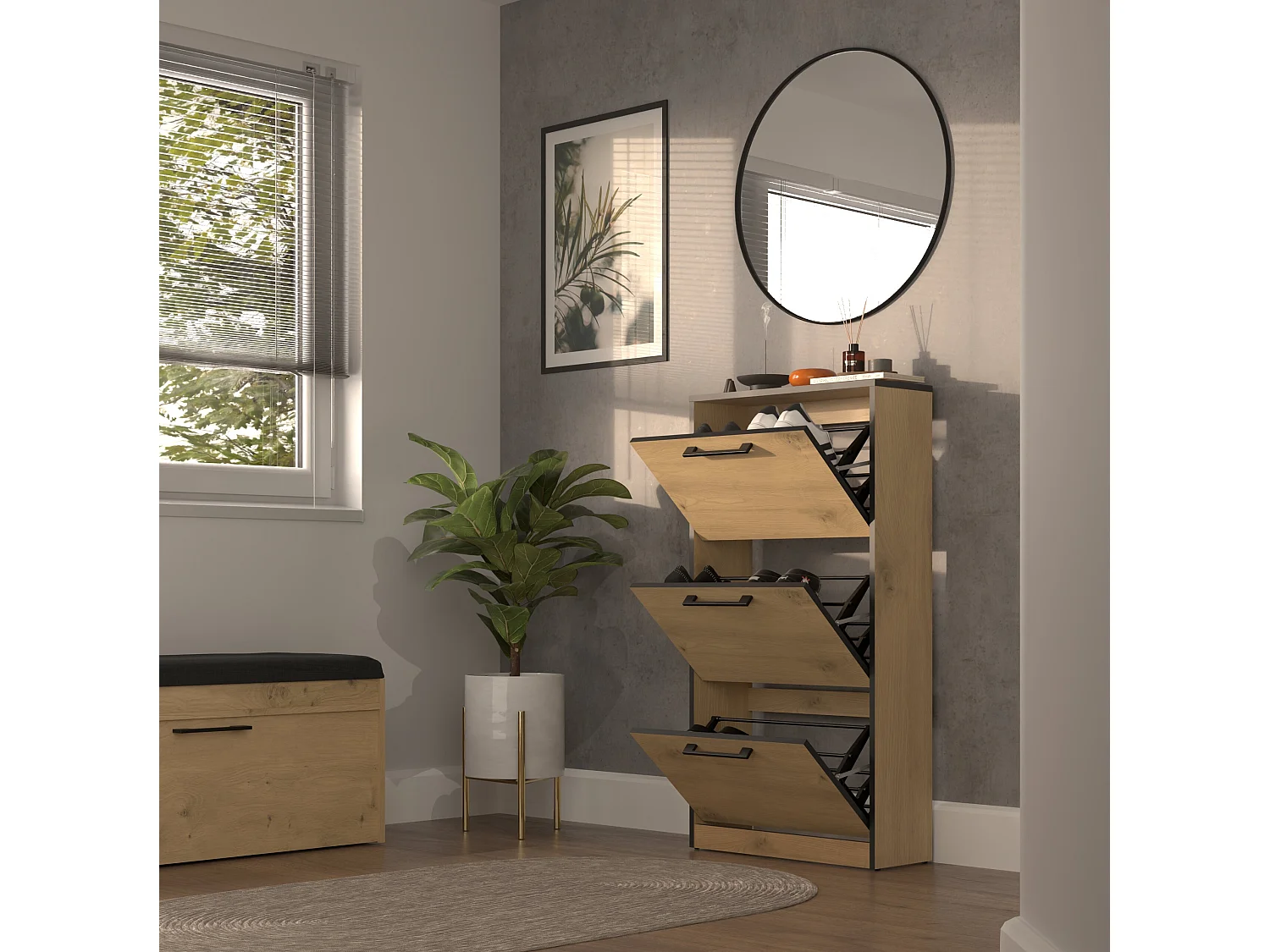 Scarpiera ingresso moderna 60x116x28 cm rovere e nero SCAT3