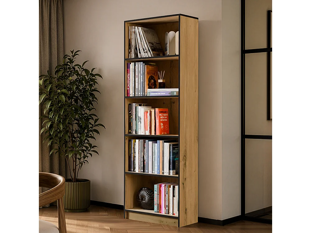 Libreria moderna 60x182x30 cm con ripiani rovere e nero LBT2