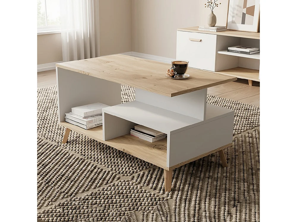 Tavolino da salotto 90x48 cm bianco e rovere TST18