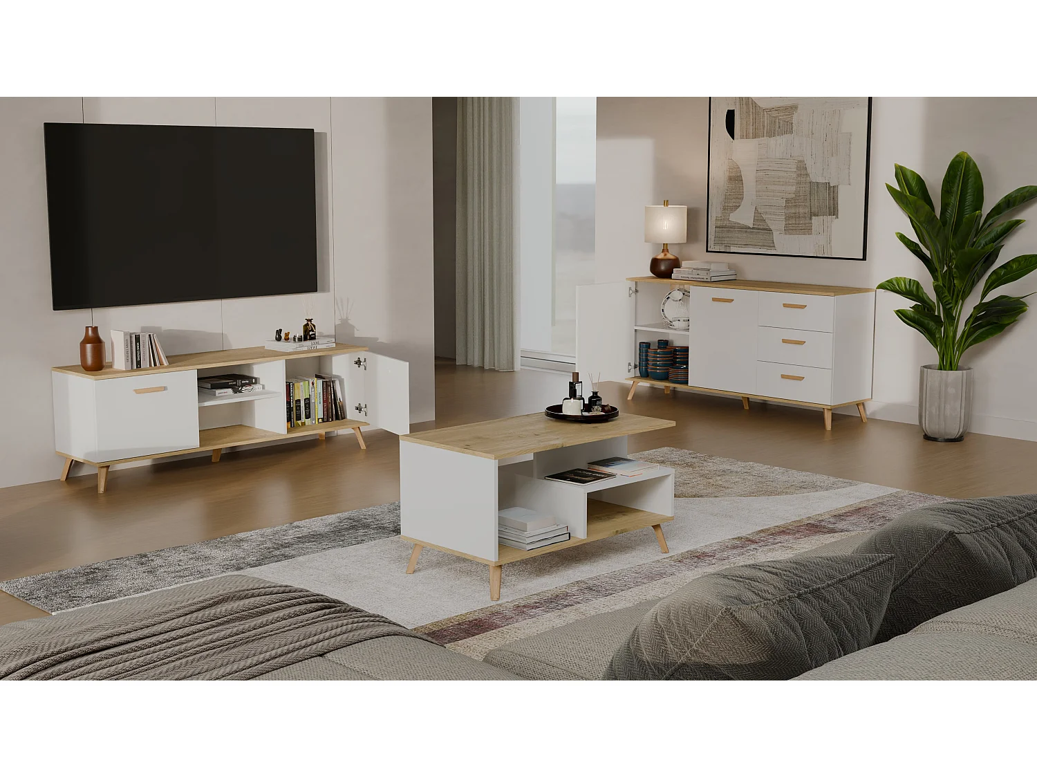 Tavolino da salotto 90x48 cm bianco e rovere TST18