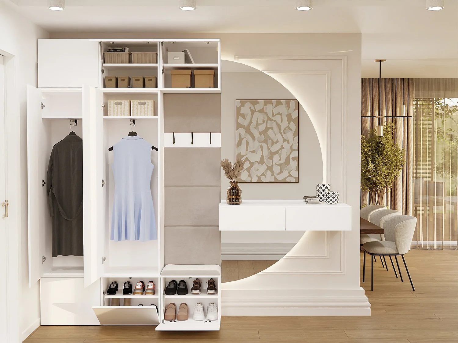 Mobile ingresso moderno 150x238 con guardaroba bianco/beige MIT11
