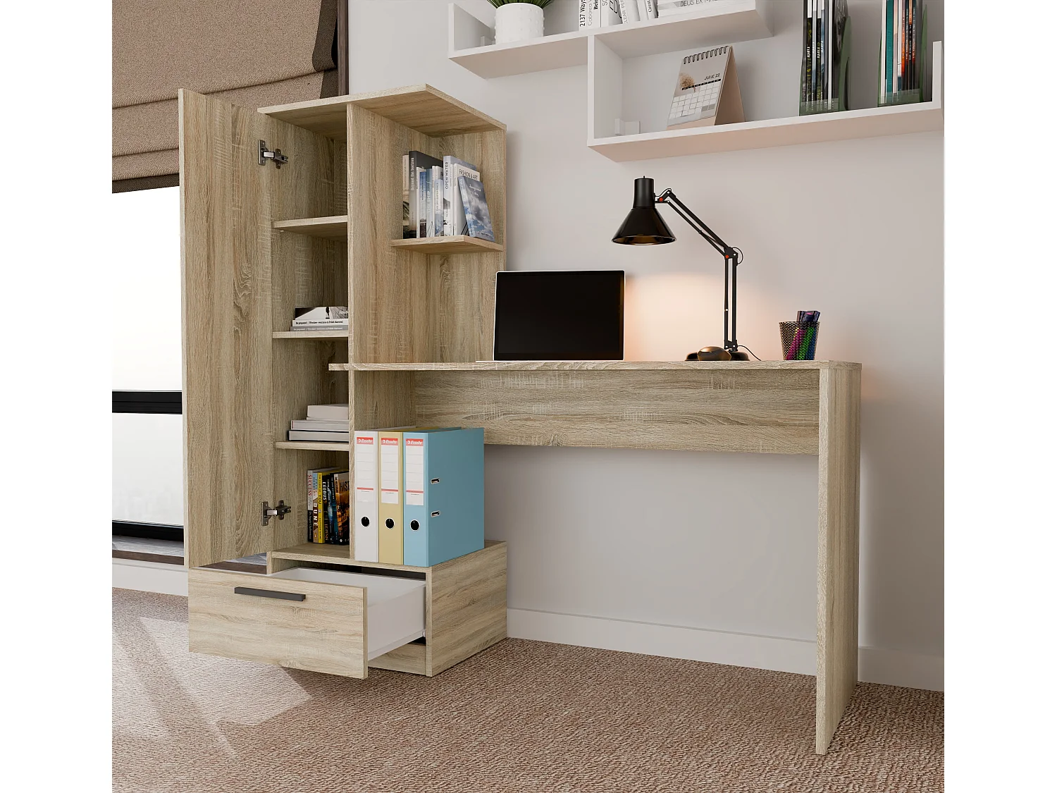 Scrivania moderna 143x140 cm con armadio in rovere chiaro SCT18
