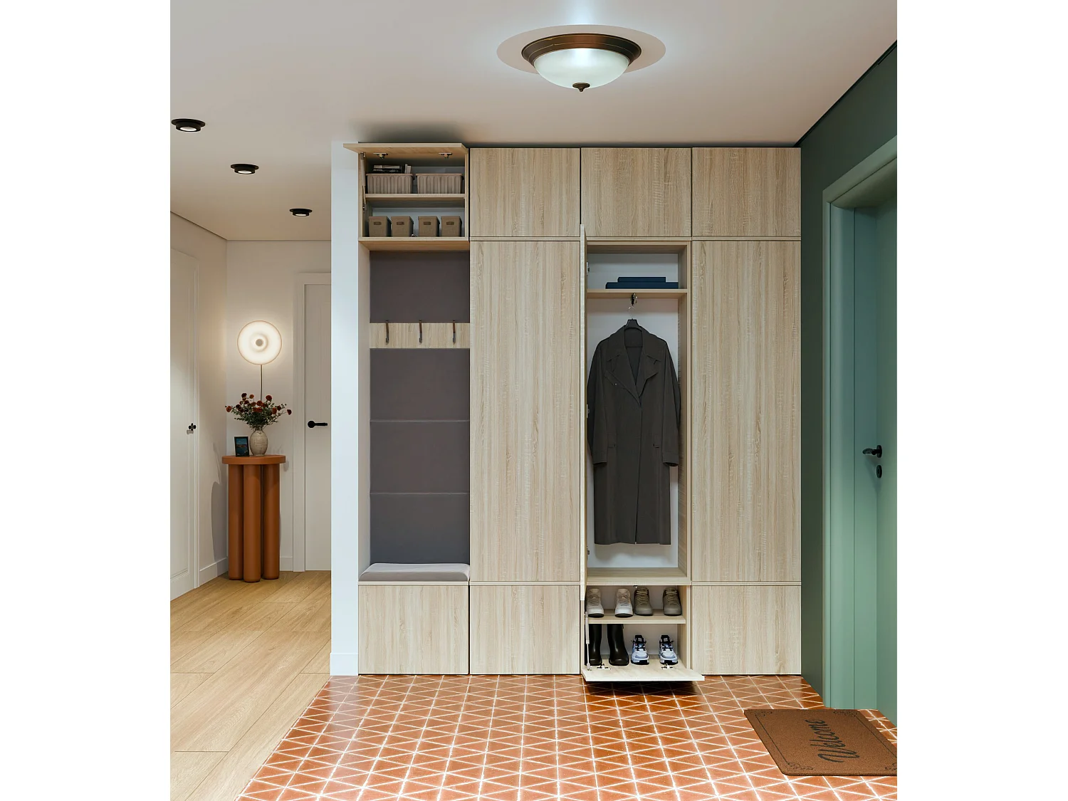 Mobile ingresso guardaroba 200x238 con panca rovere chiaro/grigio MIT13
