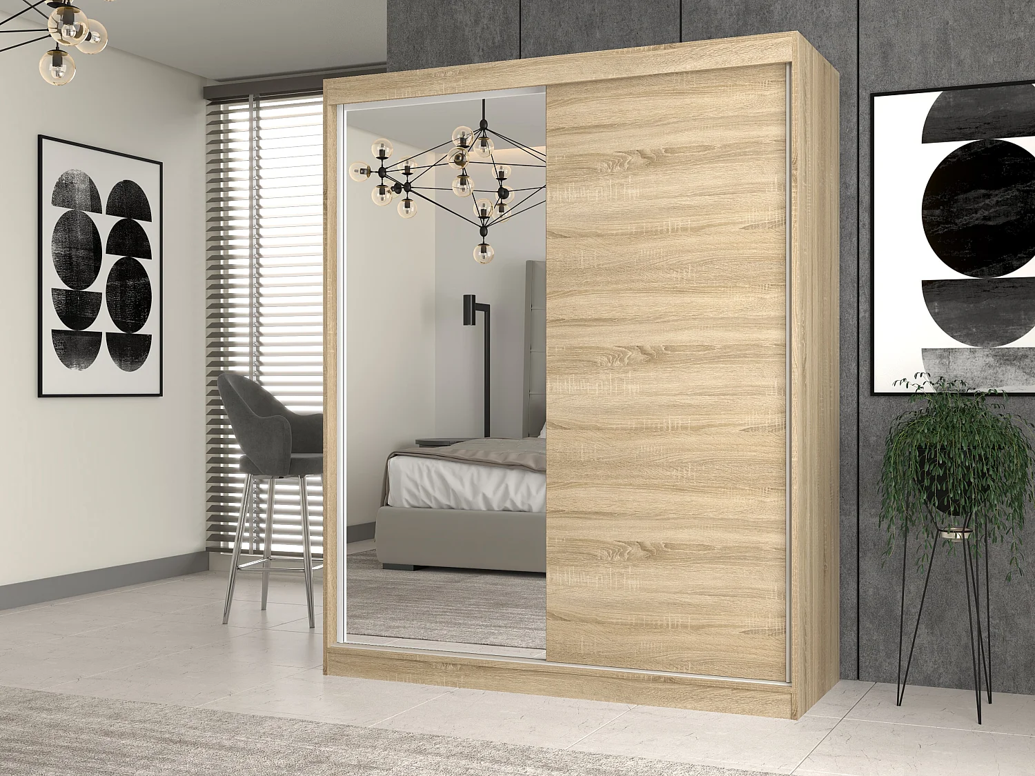 Armadio due ante scorrevoli 160x200 cm con specchio rovere chiaro AT23