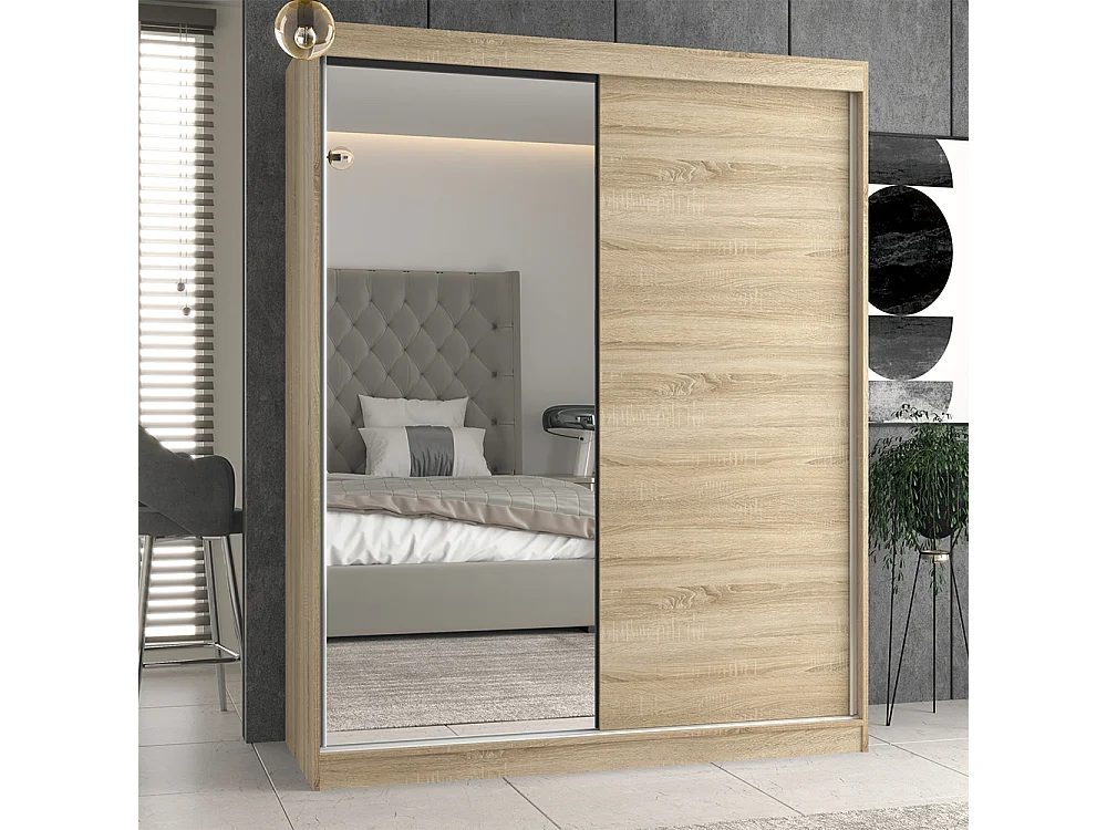 Armadio due ante scorrevoli 160x200 cm con specchio rovere chiaro AT23