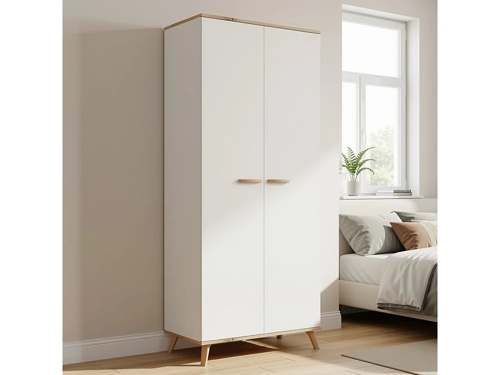 Armadio 2 ante battenti 80x195 cm con ripiani bianco e rovere AT24
