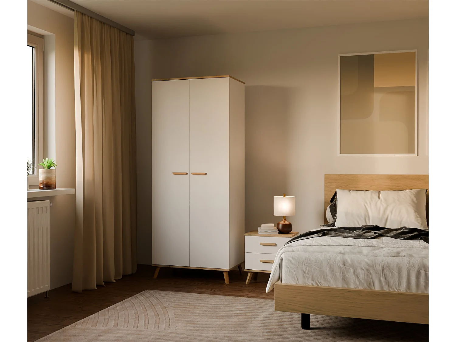 Armadio 2 ante battenti 80x195 cm con ripiani bianco e rovere AT24