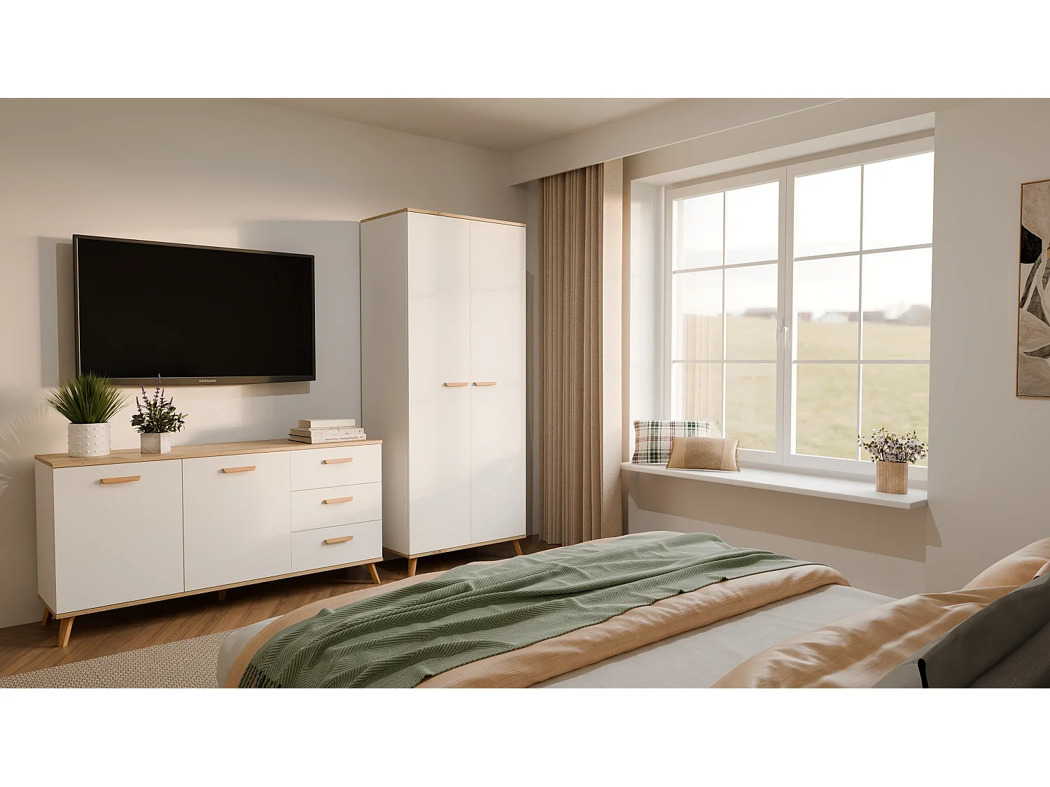 Armadio 2 ante battenti 80x195 cm con ripiani bianco e rovere AT24