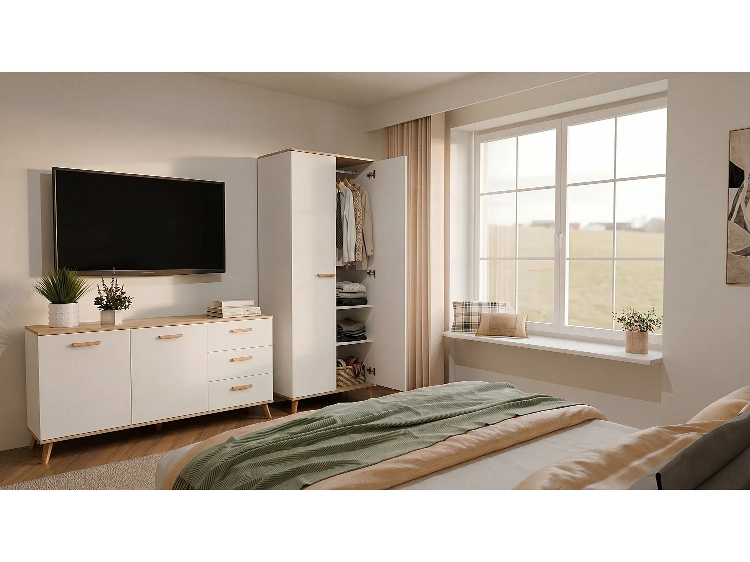 Armadio 2 ante battenti 80x195 cm con ripiani bianco e rovere AT24