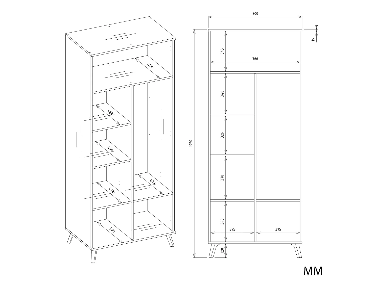 Armadio 2 ante battenti 80x195 cm con ripiani bianco e rovere AT24