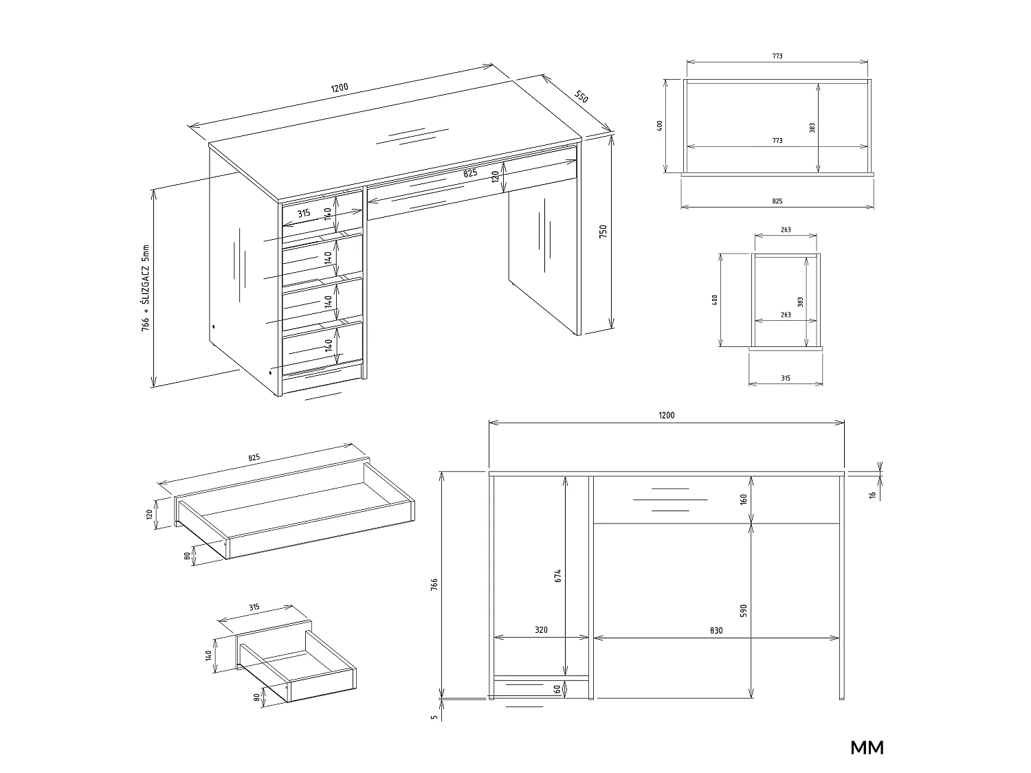 Scrivania moderna 120x76.5 cm con cassetti bianco opaco SCT19