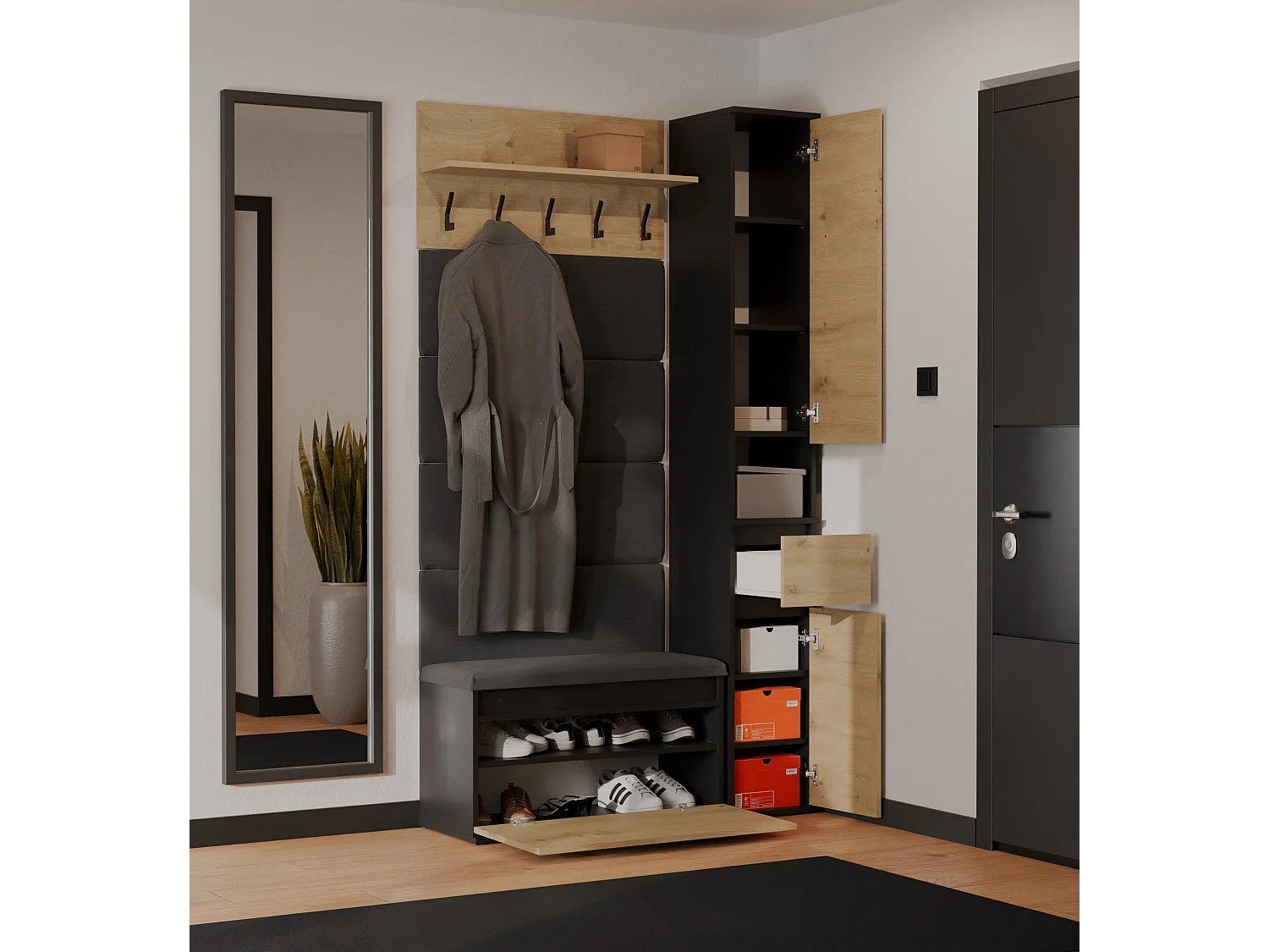 Mobile ingresso con scarpiera 110x202,5 cm rovere e nero MIT21