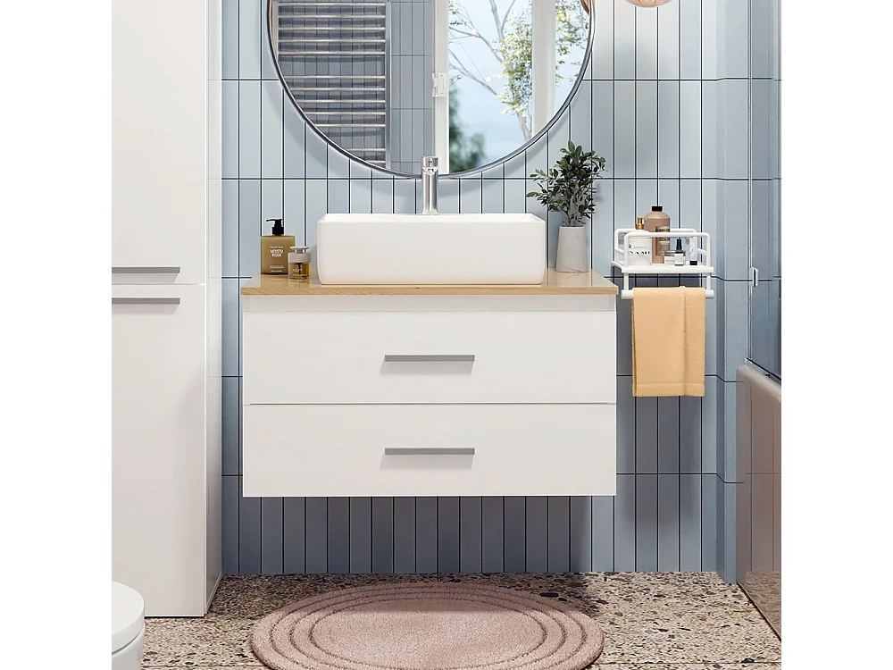 Mobile bagno sospeso 80 cm con 2 cassetti bianco e rovere MLBT2